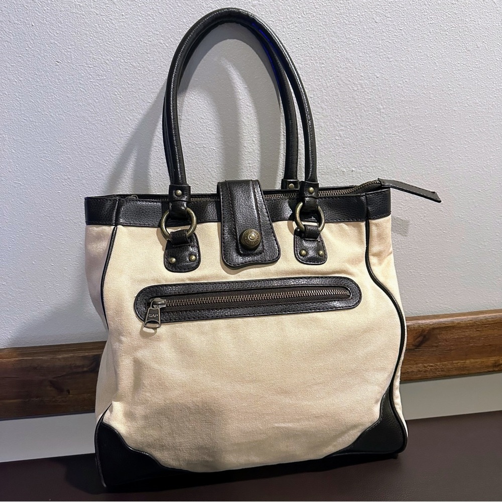 GAP Jeans 1969 Large Beige Canvas & Brown Leather Tote Bag